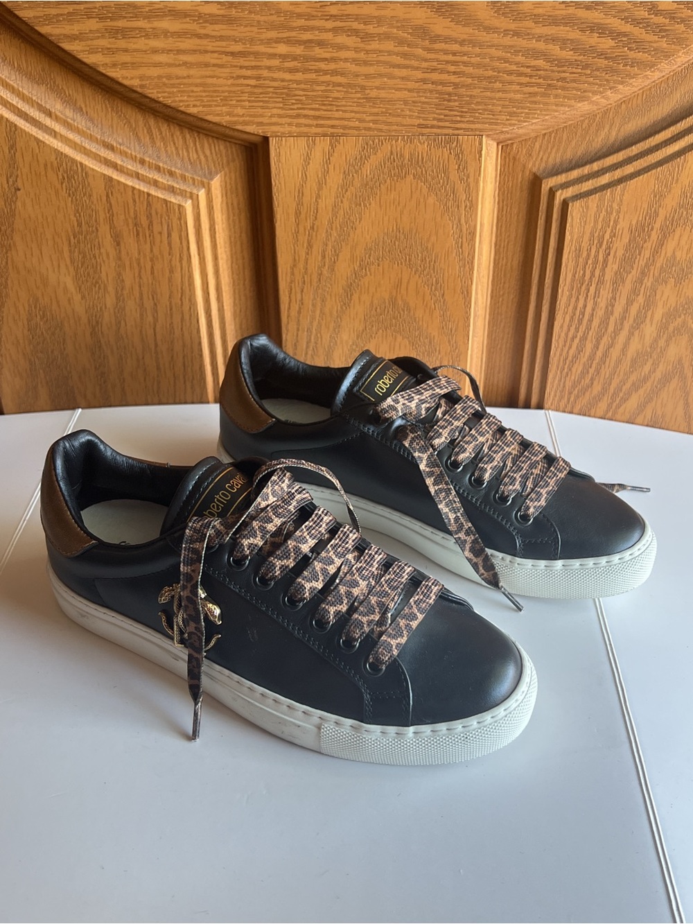 Roberto Cavalli Lolo Plaque Leather Sneakers Black White Animal Print Lace Up 37